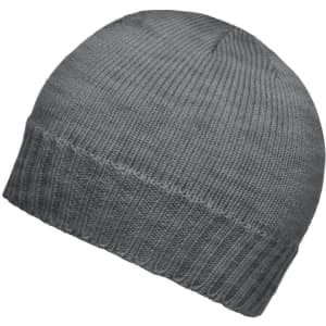 A grey ribbed beanie with a simple knitted design, featuring a folded brim.