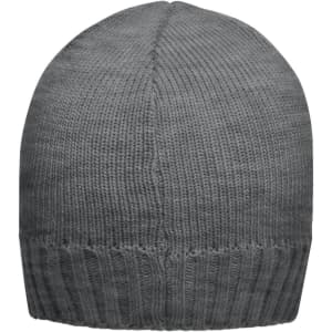 A grey ribbed beanie with a snug fit, featuring a knitted texture throughout.