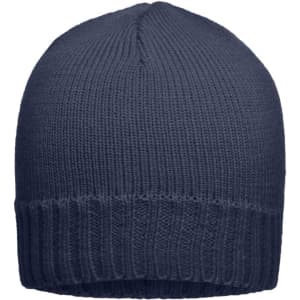A navy ribbed beanie with a knitted texture and a folded brim. It features a logo.