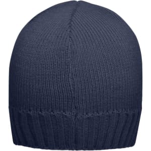 A navy ribbed beanie with a fitted design and a folded cuff. It has a simple branding logo.