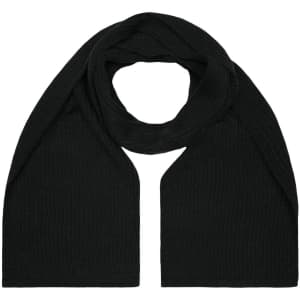 A knitted scarf in solid black, featuring a ribbed texture and a logo.