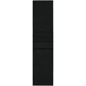 A black knitted scarf with a textured pattern, featuring subtle folds and a branding logo.