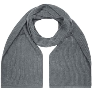 A grey knitted scarf, featuring a ribbed texture, displayed in a draped position. It has a logo on it.