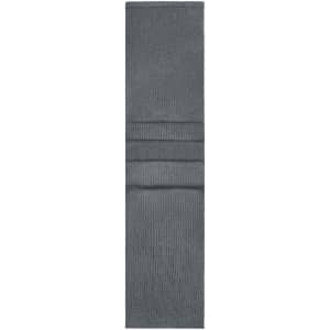 A knitted scarf in a solid grey colour, featuring a ribbed texture and folds. It includes a logo.