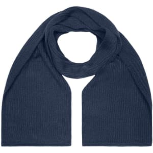 A knitted scarf in a deep navy blue, featuring a ribbed texture and an elegant drape.