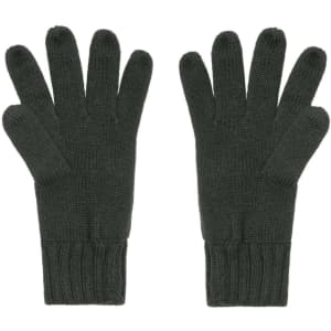 A pair of dark green knitted gloves with a ribbed cuff, displayed flat. The gloves have five fingers each and feature a logo.