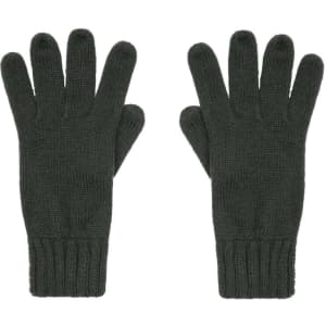 A pair of dark green knitted gloves displayed flat, featuring a ribbed cuff. The gloves have a textured design.