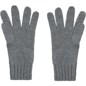 A pair of grey knitted gloves with ribbed cuffs, featuring a textured pattern and five fingers each.