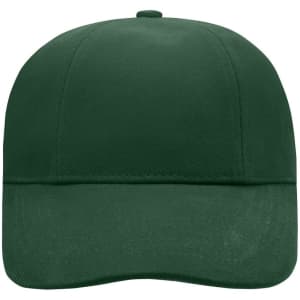 A green six-panel cap with a rounded crown and a stiff brim. It features a logo on the front.