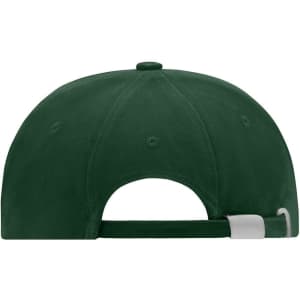 A green six-panel cap with a curved brim and an adjustable strap at the back. It features a branded logo.