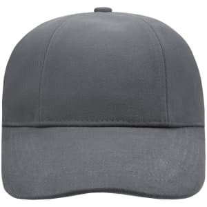 A grey six-panel cap featuring a curved peak and a logo on the front.