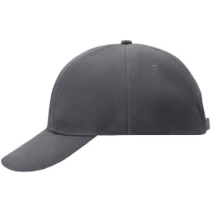A grey six-panel cap with a curved brim and a logo on the side.