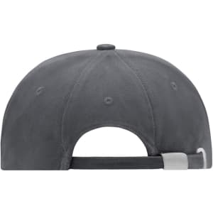 A grey turned 6 panel cap with a curved brim and an adjustable strap at the back, featuring a logo.