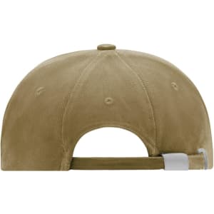 A khaki turned 6-panel cap featuring a back strap and a logo. The fabric has a smooth finish.