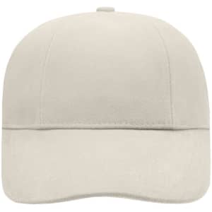 A neutral-coloured six-panel cap featuring a curved brim and a logo on the front.