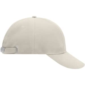 A beige six-panel cap with a logo, featuring a curved brim and an adjustable strap at the back.