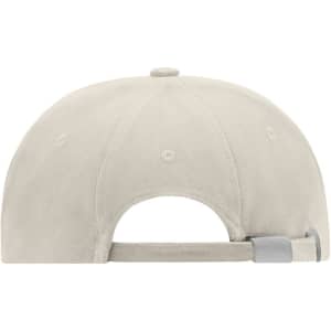 A light beige 6-panel cap with a back strap and branding on the adjustable closure.