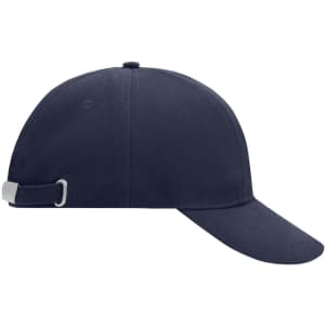 A navy blue turned 6 panel cap with an adjustable strap at the back and a logo on the side.