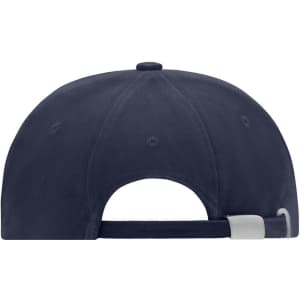A navy blue six-panel cap with a rear adjustment strap and a logo on the back.