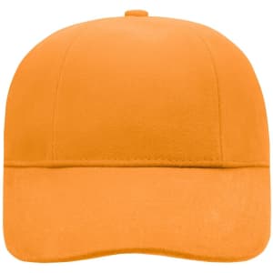 An orange six-panel cap with a solid design and an unembellished front. It features a logo on the side.