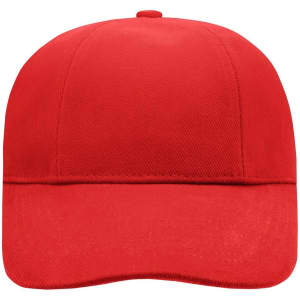 A red six-panel cap with a structured design and a curved brim. It features a logo on the front.