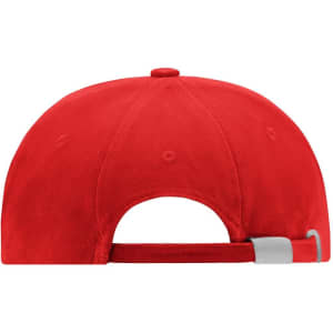 A red turned 6 panel cap with a silver adjustment strap at the back and a logo on the side.