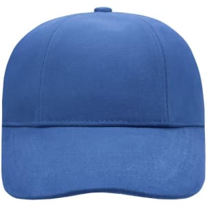 A blue six-panel cap featuring a structured design and a logo at the front.