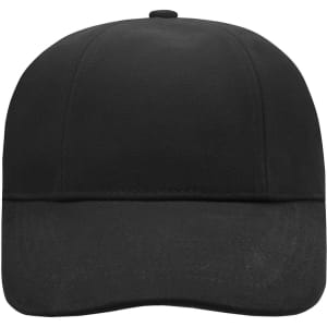 A black six-panel cap featuring a curved brim and a logo on the front.
