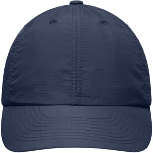 A navy blue 6 Panel Coolmax® Cap with stitching details and ventilation holes, featuring a logo on the front.