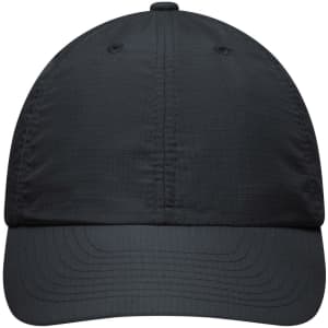 A black 6 Panel Coolmax® cap with a rounded crown and a curved brim, featuring a logo.