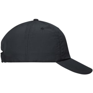 A black 6 Panel Coolmax® cap featuring a curved brim and an adjustable back strap. It has a logo on the side.