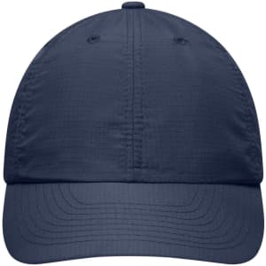 A navy blue 6 Panel Coolmax® Cap featuring a logo on the front and a structured design.