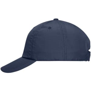 A navy blue 6 Panel Coolmax® cap with a curved brim and an adjustable strap at the back, featuring a logo.