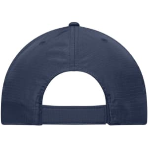 A navy blue 6 Panel Coolmax® cap featuring a rear adjustable strap and a logo on the back.