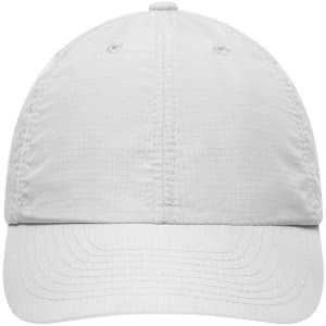 A white 6 Panel Coolmax® cap with a logo on the front and ventilation eyelets.