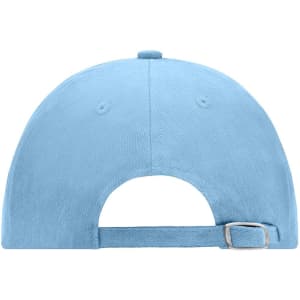 A blue 6 panel raver cap with an open back and an adjustable strap. The cap features a logo on the side.