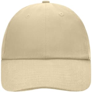 A beige 6 Panel Raver Cap with a curved brim and an adjustable strap, featuring a logo on the front.
