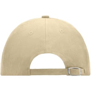A beige 6-panel cap with an adjustable strap and a vented back. The cap features a logo.