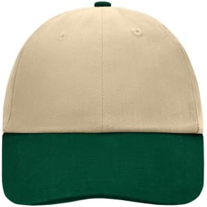 A beige and green 6-panel cap featuring a logo on the front and a curved brim.