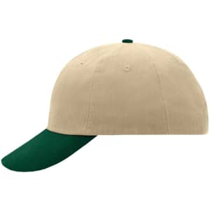 A beige six-panel cap with a green peak and button, featuring a logo on the front.