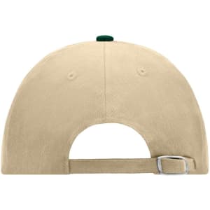 A beige 6-panel raver cap with a green top button and an adjustable back strap. The cap features a logo.