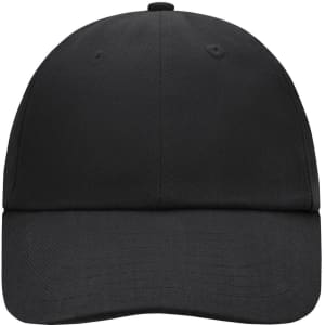 A black 6 Panel Raver Cap with a curved brim and an adjustable strap. It features a logo on the front.