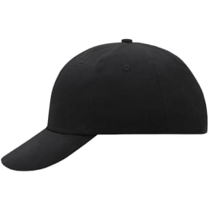 A black 6 Panel Raver Cap with a curved visor and a logo on the side.