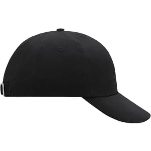 A black six-panel cap with a curved brim and adjustable strap at the back. Features branding.