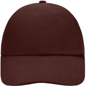 A maroon 6 panel raver cap with a rounded crown and a curved brim, featuring a logo.