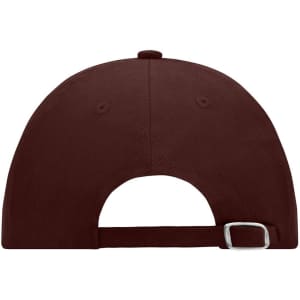 A brown 6 panel cap with a curved brim and an adjustable strap at the back, featuring a logo.