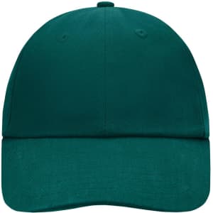 A green 6 Panel Raver Cap with a rounded crown and a curved brim, featuring a logo on the front.