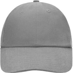 A grey 6 panel cap with a rounded crown and a curved brim, featuring a branding logo.