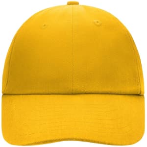 A yellow six-panel cap with a rounded crown and a curved brim, featuring a logo on the front.