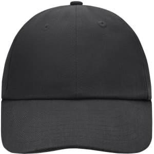 A black six-panel cap featuring a curved brim and a logo on the front.
